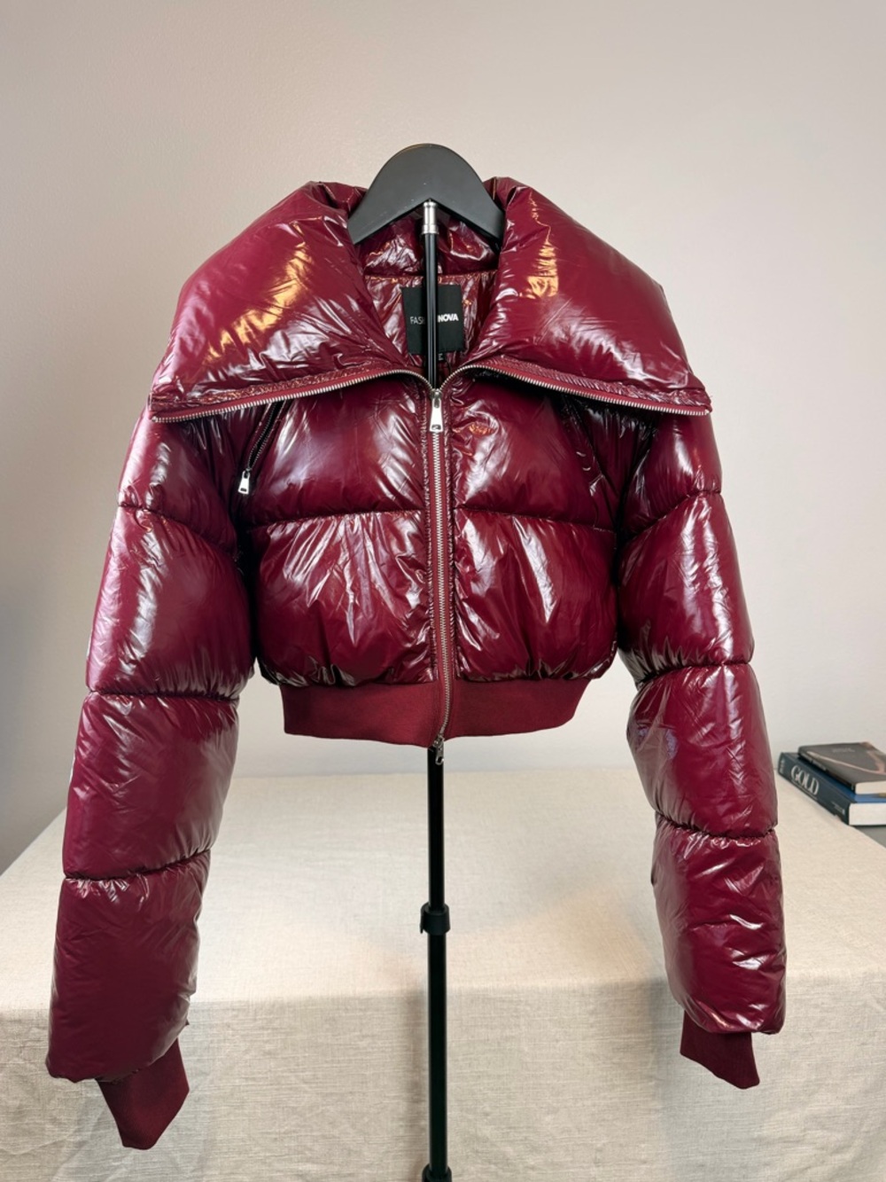 Fashion Nova Shiny Burgundy Cropped Puffer Jacket